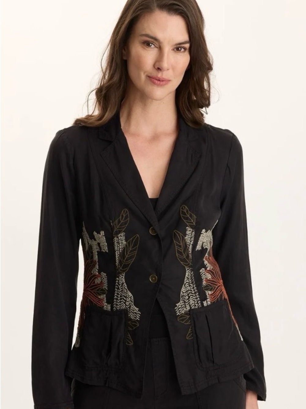 XCVI Danski Embroidered Floral Button-Front Collared Jacket Pockets Size M